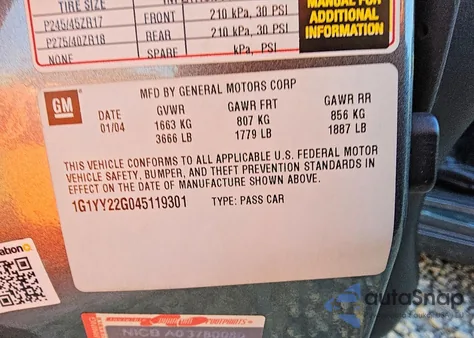 2004 Chevrolet Corvette z USA, uszkodzony, nr VIN 1G1YY22G045119301